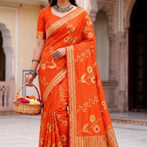 Imbrication Orange Banarasi Khadi Silk Saree With Rhapsodic Blouse Piece