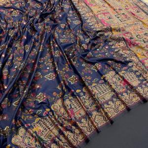 Proficient Navy Blue Pashmina Saree With Stunner Blouse Piece