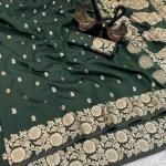 Petrichor Dark Green Soft Banarasi Silk Saree With Ideal Blouse Piece