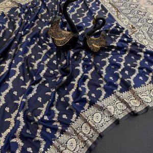 Diaphanous Navy Blue Soft Banarasi Silk Saree With Phenomenal Blouse Piece