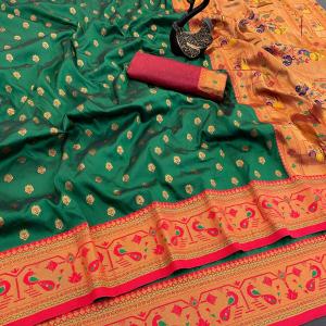 Incredible Dark Green Paithani Silk Saree With Transcendent Blouse Piece
