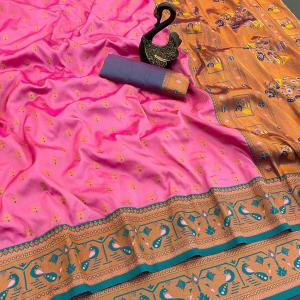 Vivacious Pink Paithani Silk Saree With Groovy Blouse Piece