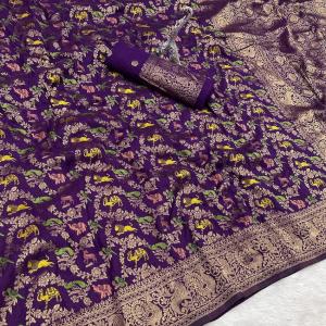 Lustrous Royal Purple Soft Banarasi Silk Saree With Eclat Blouse Piece