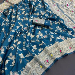 Snazzy Blue Soft Banarasi Silk Saree With Dazzling Blouse Piece