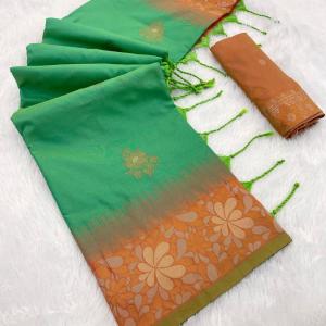 Eloquence Green Soft Banarasi Silk Saree With Whimsical Blouse Piece