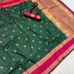 Vivacious Dark Green Soft Banarasi Kathpadar Silk Saree With Blooming Blouse Piece