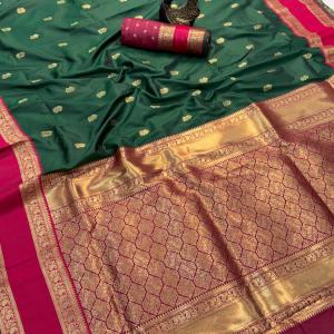 Vivacious Dark Green Soft Banarasi Kathpadar Silk Saree With Blooming Blouse Piece
