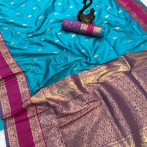 Lissome Firozi Soft Banarasi Kathpadar Silk Saree With Angelic Blouse Piece
