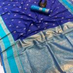 Seraglio Royal Blue Soft Banarasi Kathpadar Silk Saree With Ephemeral Blouse Piece