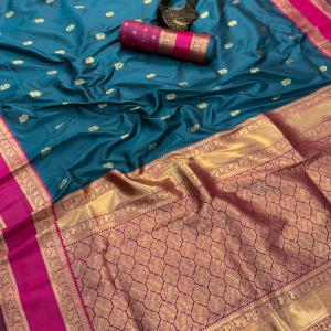 Majesty Teal Blue Soft Banarasi Kathpadar Silk Saree With Inspiring Blouse Piece