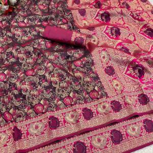 Proficient Wine Soft Banarasi Silk Saree With Marvellous Blouse Piece