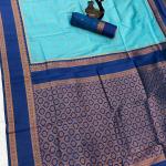 Fancifull Firozi Soft Banarasi Silk Saree With Sonorous Blouse Piece