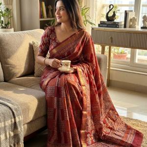 Desiring Maroon Ajrakh Printed Dola Silk Saree With Classic Blouse Piece