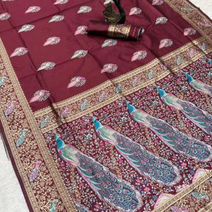 Nectarous Maroon Soft Banarasi Silk Saree With Deserving Blouse Piece
