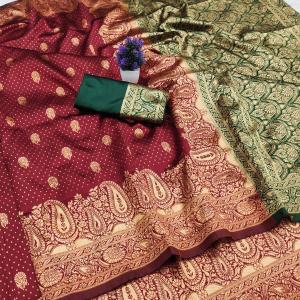 Winsome Maroon Soft Silk Saree With Gossamer Blouse Piece