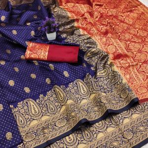 Outstanding Navy Blue Soft Silk Saree With Traditional Blouse Piece