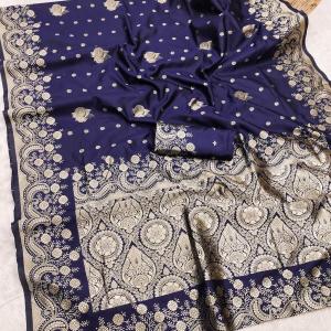 Inimitable Navy Blue Soft Silk Saree With Imaginative Blouse Piece