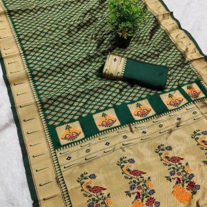 Lissome Dark Green Paithani Silk Saree With Engrossing Blouse Piece