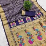 Transcendent Navy Blue Paithani Silk Saree With Brood Blouse Piece