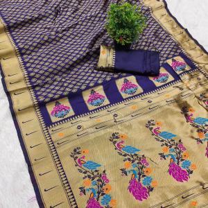 Transcendent Navy Blue Paithani Silk Saree With Brood Blouse Piece