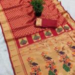 Mesmeric Red Paithani Silk Saree With Ailurophile Blouse Piece