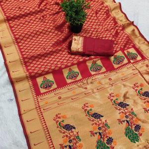 Mesmeric Red Paithani Silk Saree With Ailurophile Blouse Piece