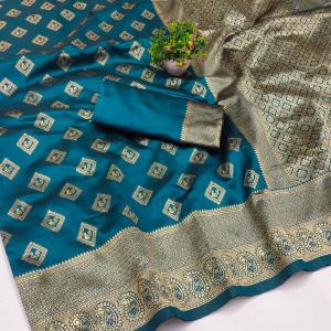 Prettiest Firozi Soft Silk Saree With Enticing Blouse Piece