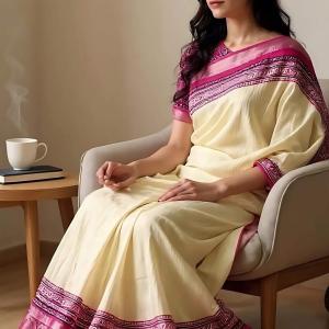 Majesty Beige Digital Printed Dola Silk Saree With Stylish Blouse Piece
