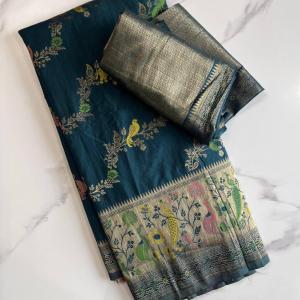 Sonorous Rama Soft Banarasi Silk Saree With Supernal Blouse Piece