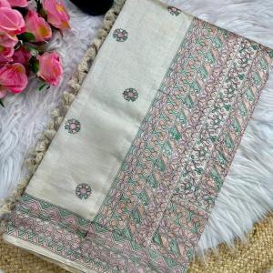 Prodigal Beige Embroidery Work Tussar Silk Saree With Blooming Blouse Piece