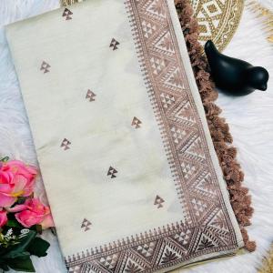 Lovely Off White Embroidery Work Tussar Silk Saree With Demanding Blouse Piece