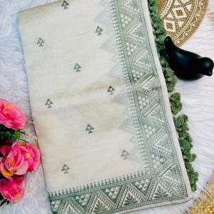 Stunner Off White Embroidery Work Tussar Silk Saree With Elision Blouse Piece