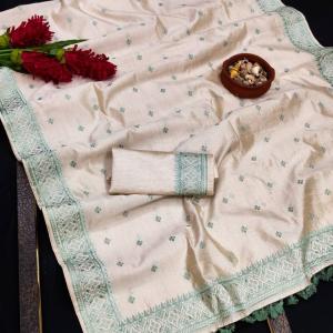 Hypnotic Off White Embroidery Work Tussar Silk Saree With Marvellous Blouse Piece