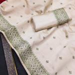Mesmeric Off White Embroidery Work Tussar Silk Saree With Moiety Blouse Piece