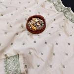 Mesmeric Off White Embroidery Work Tussar Silk Saree With Moiety Blouse Piece