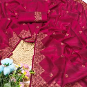 Verdant Dark Pink Embroidery Work Tussar Silk Saree With Seraphic Blouse Piece
