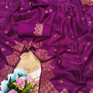Prettiest Purple Embroidery Work Tussar Silk Saree With Lovely Blouse Piece