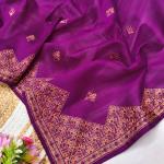 Prettiest Purple Embroidery Work Tussar Silk Saree With Lovely Blouse Piece