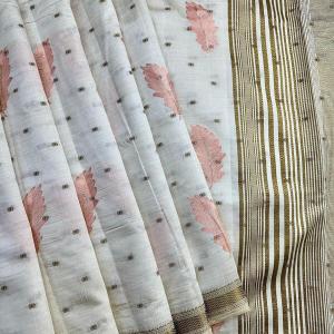Murmurous Off White Embroidery Work Tussar Silk Saree With Enthralling Blouse Piece