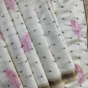 Resplendent Off White Embroidery Work Tussar Silk Saree With Alluring Blouse Piece