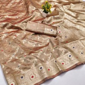 Most Stunning Beige Soft Banarasi Silk Saree With Beautiful Blouse Piece