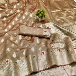 Sophisticated Beige Soft Banarasi Silk Saree With Super extravagant Blouse Piece
