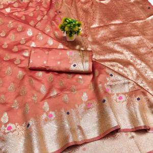 Snazzy Peach Soft Banarasi Silk Saree With Arresting Blouse Piece