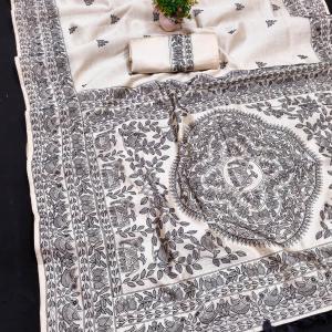 Jazzy Off White Embroidery Work Tussar Silk Saree With Sempiternal Blouse Piece
