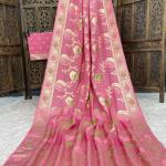 Mesmerising Pink Banarasi Dola Silk Saree With Flaunt Blouse Piece