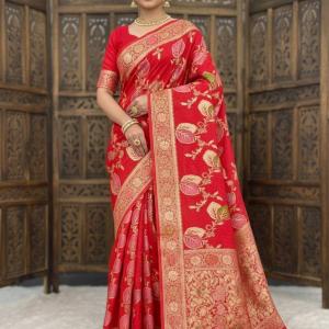 Resplendent Red Banarasi Dola Silk Saree With Exquisite Blouse Piece
