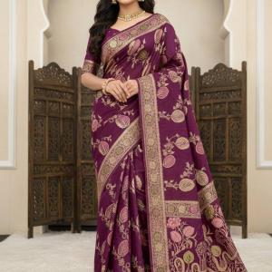 Susurrous Wine Banarasi Dola Silk Saree With Lassitude Blouse Piece
