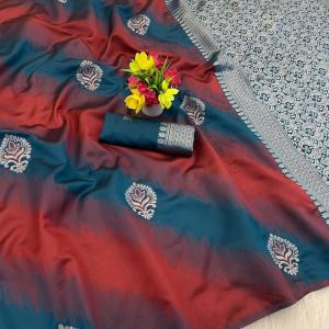 Embellished Blue Soft Silk Saree With Embrocation Blouse Piece