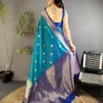 Sumptuous Rama Pure Zari Weaving Banarasi Silk Saree With Stunning Blouse Piece