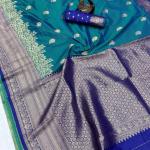 Sumptuous Rama Pure Zari Weaving Banarasi Silk Saree With Stunning Blouse Piece